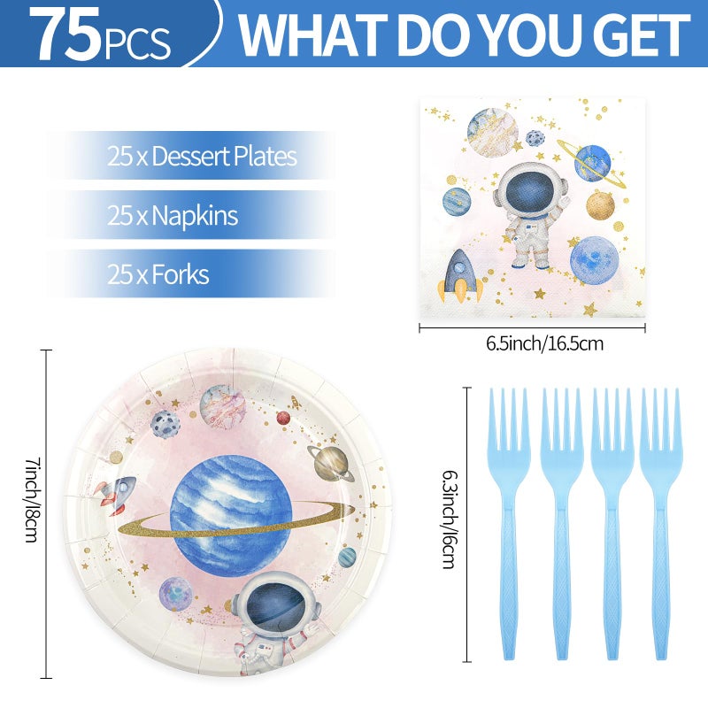 HFBOBP 75PCS Space Birthday Party Supplies Decorations  Outer Space Theme Paper Plates and Napkins First Trip Around The Sun Disposable Parties Dessert Plates Dinnerware for Birthday Baby Shower Party Favor - Image 2