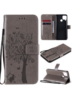 HuHa Case Cover For Realme C12 / C15 Tree & Cat Embossed Pattern Horizontal Flip Leather Case with Holder & Card Slots & Wallet & Lanyard Grey 
