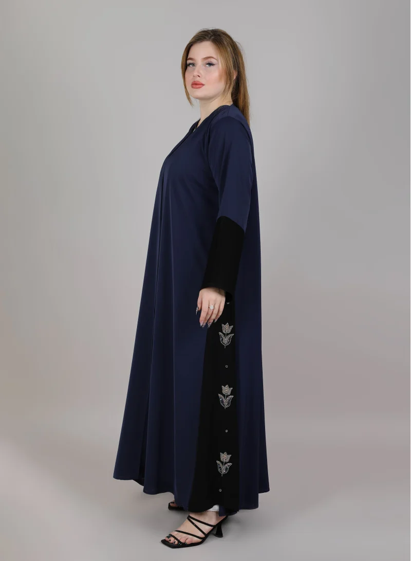 أم سكوير فاشن MSquare Fashion Blue & Black Korean Nida Abaya Embroidery On Sides