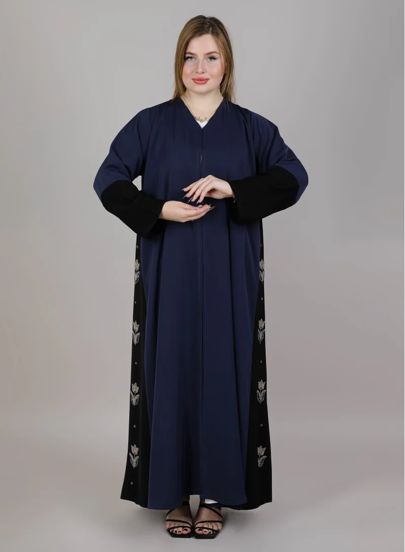 أم سكوير فاشن MSquare Fashion Blue & Black Korean Nida Abaya Embroidery On Sides