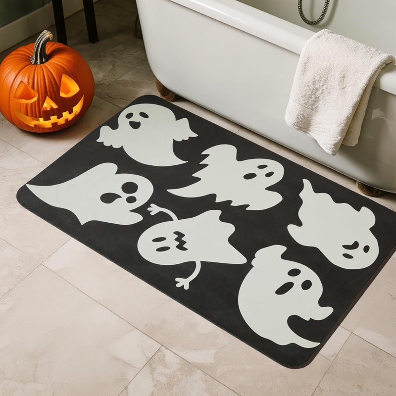TYUU Halloween Bath Mat, Thin Halloween Bathroom Rug Non Slip Quick Dry Ghost Bath Mat Fits Under Door Thin Floor Mat Halloween Decor, 17''x30'', Ghosts Black - Image 1