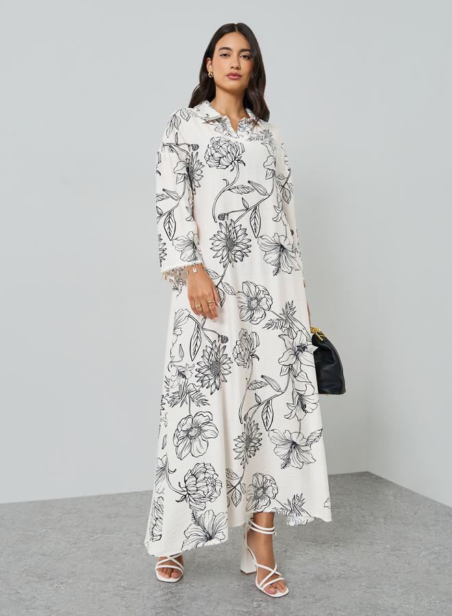 Amirah Floral Print Jalabiya with Round Drop Sleeve Trim - Image 3