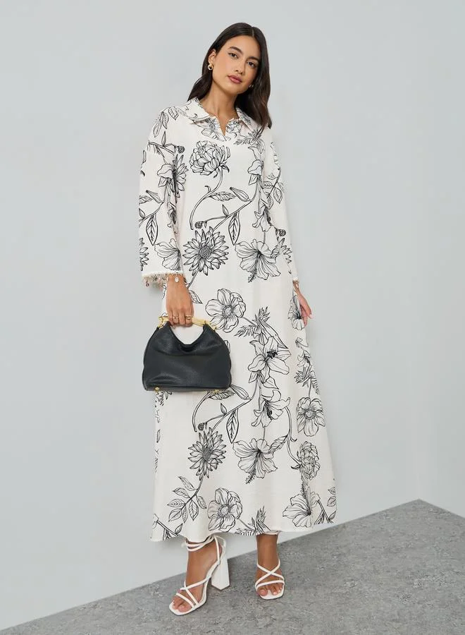 Floral Print Jalabiya with Round Drop Sleeve Trim
