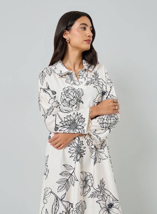 Amirah Floral Print Jalabiya with Round Drop Sleeve Trim - Image 2