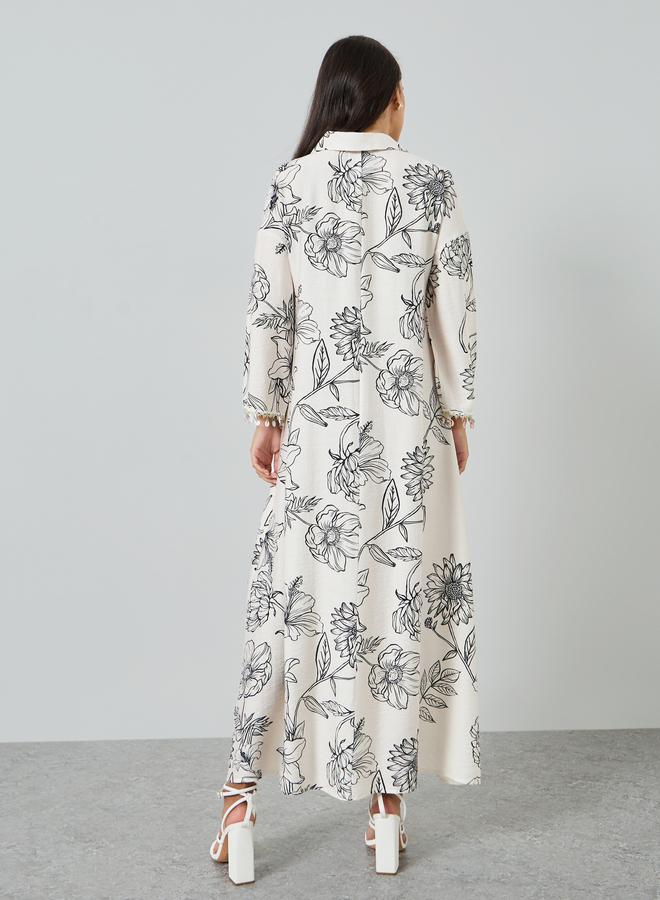 Amirah Floral Print Jalabiya with Round Drop Sleeve Trim - Image 5