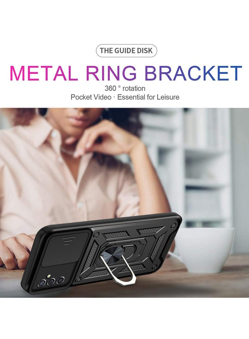 سامسونج جالاكسي M14 5G الهاتف المحمول القضية ، انزلاق الكاميرا عدسة الغطاء ، 360 درجة قوس دوار الدائري ، ودعم المغناطيسي سيارة الهاتف المحمول حالة صدمة الأسود - Image 3