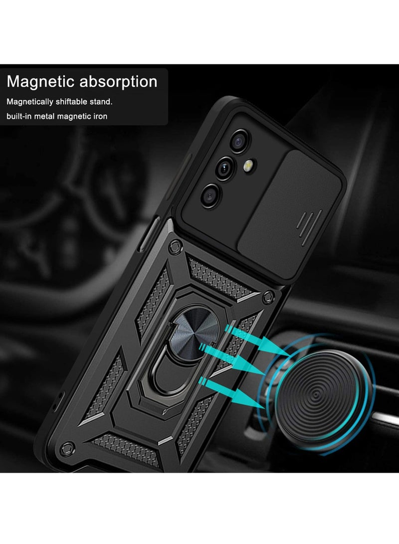 سامسونج جالاكسي M14 5G الهاتف المحمول القضية ، انزلاق الكاميرا عدسة الغطاء ، 360 درجة قوس دوار الدائري ، ودعم المغناطيسي سيارة الهاتف المحمول حالة صدمة الأسود - Image 2