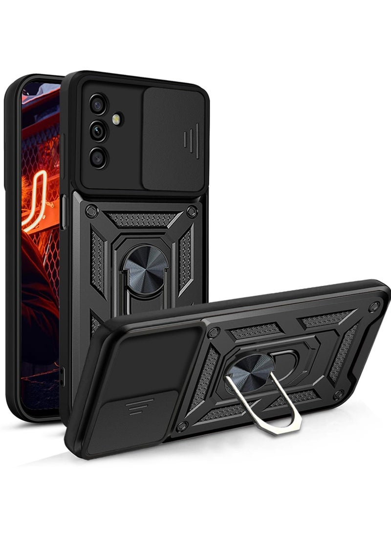 سامسونج جالاكسي M14 5G الهاتف المحمول القضية ، انزلاق الكاميرا عدسة الغطاء ، 360 درجة قوس دوار الدائري ، ودعم المغناطيسي سيارة الهاتف المحمول حالة صدمة الأسود - Image 1