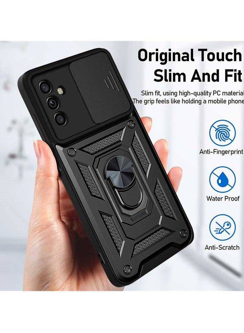 سامسونج جالاكسي M14 5G الهاتف المحمول القضية ، انزلاق الكاميرا عدسة الغطاء ، 360 درجة قوس دوار الدائري ، ودعم المغناطيسي سيارة الهاتف المحمول حالة صدمة الأسود - Image 5