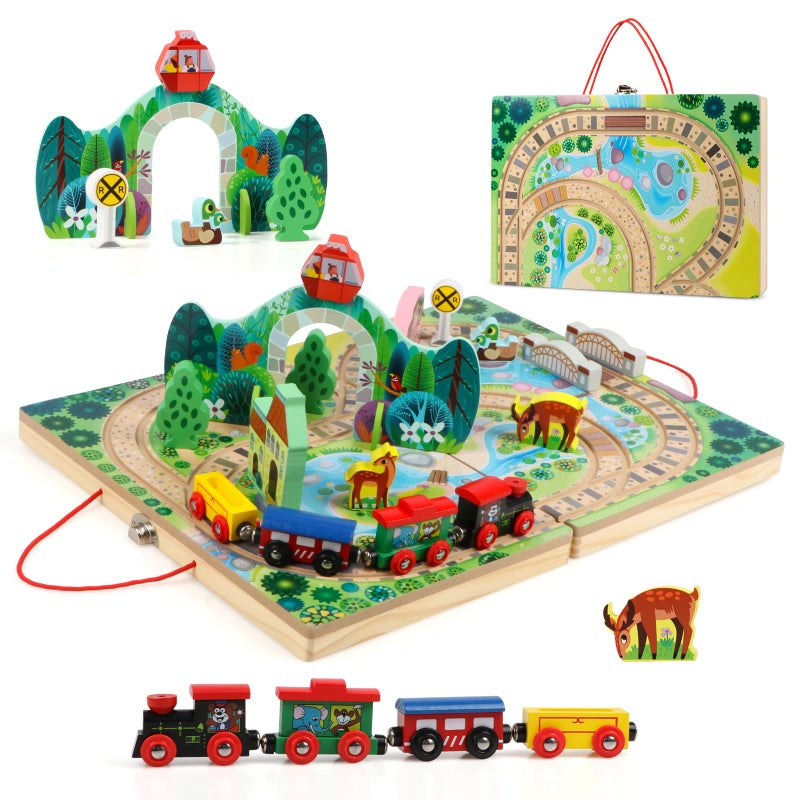 Joqutoys 18 Piece Train Set for Toddlers Wooden TakeAlong Tabletop Railroad for Kids Age 3 Portable Durable Train Tracks Train Toys with 4 Trains Bridge Play Pieces
