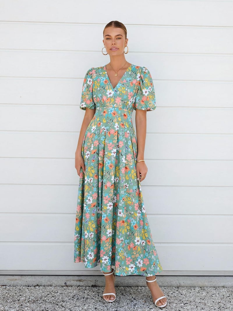 Maxigerui Women's Summer Floral Maxi Dress Spring Wedding Guest Dress 2026 Green Multi Floral L - Image 3