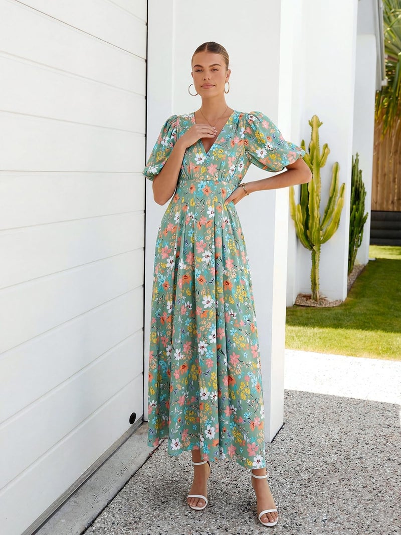 Maxigerui Women's Summer Floral Maxi Dress Spring Wedding Guest Dress 2026 Green Multi Floral L - Image 2