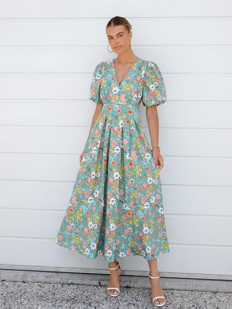 Maxigerui Women's Summer Floral Maxi Dress Spring Wedding Guest Dress 2026 Green Multi Floral L - Image 5