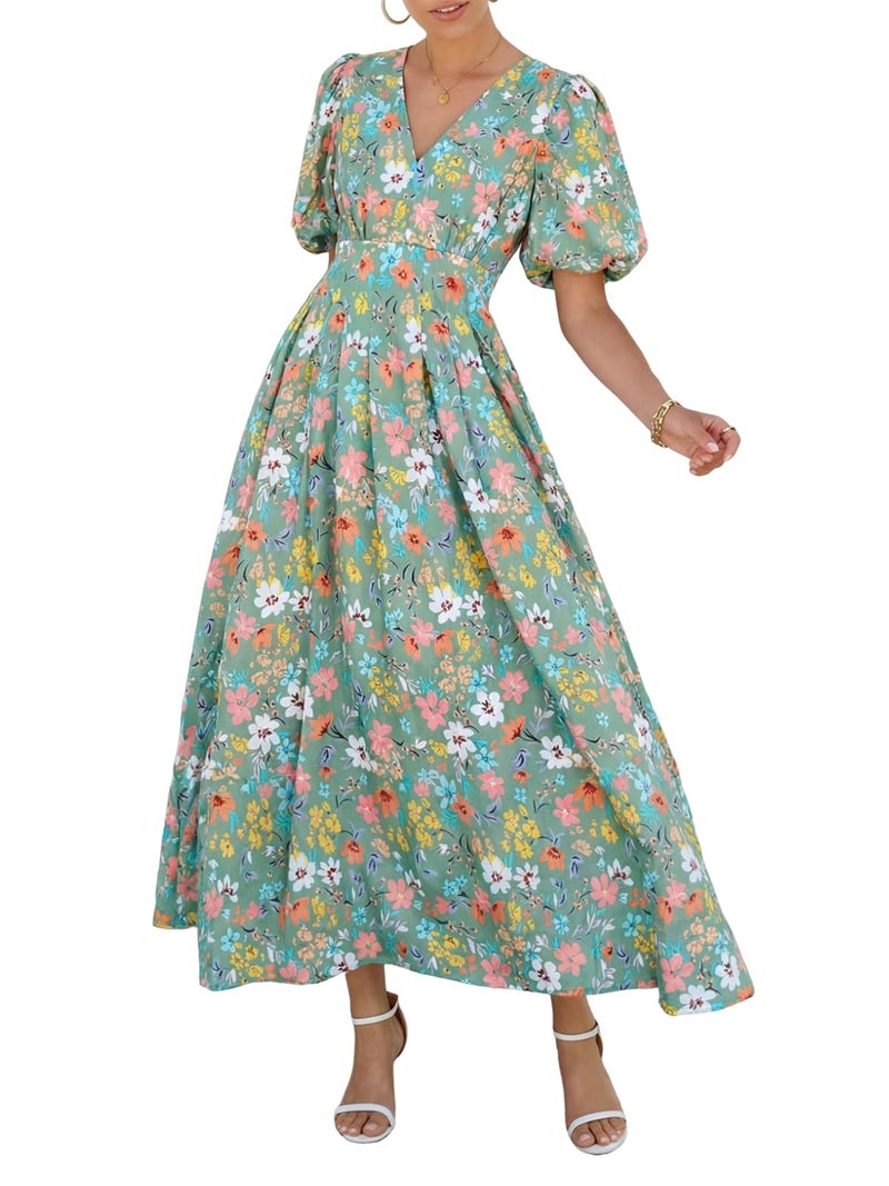 Maxigerui Women's Summer Floral Maxi Dress Spring Wedding Guest Dress 2026 Green Multi Floral L - Image 1
