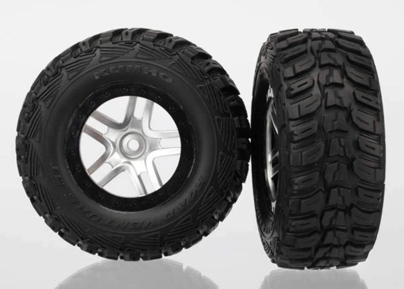 Traxxas 6874 SCT Kumho Tires PreGlued on Split Spoke Satin Chrome Black BeadlockStyle Wheels pair - Image 2