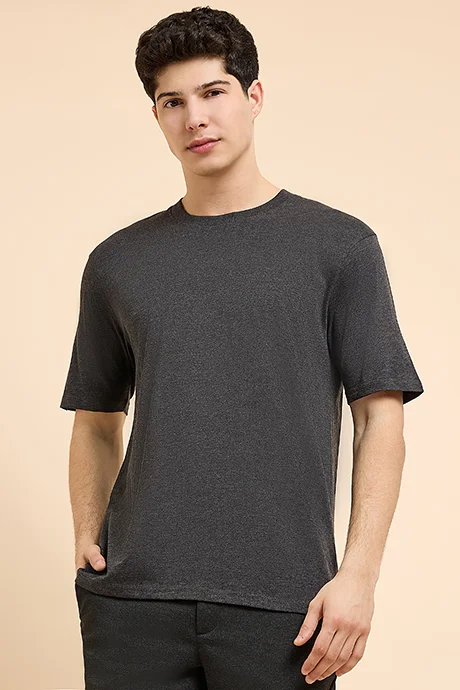 أر أند بي Textured T-Shirt with Crew Neck and Short Sleeves