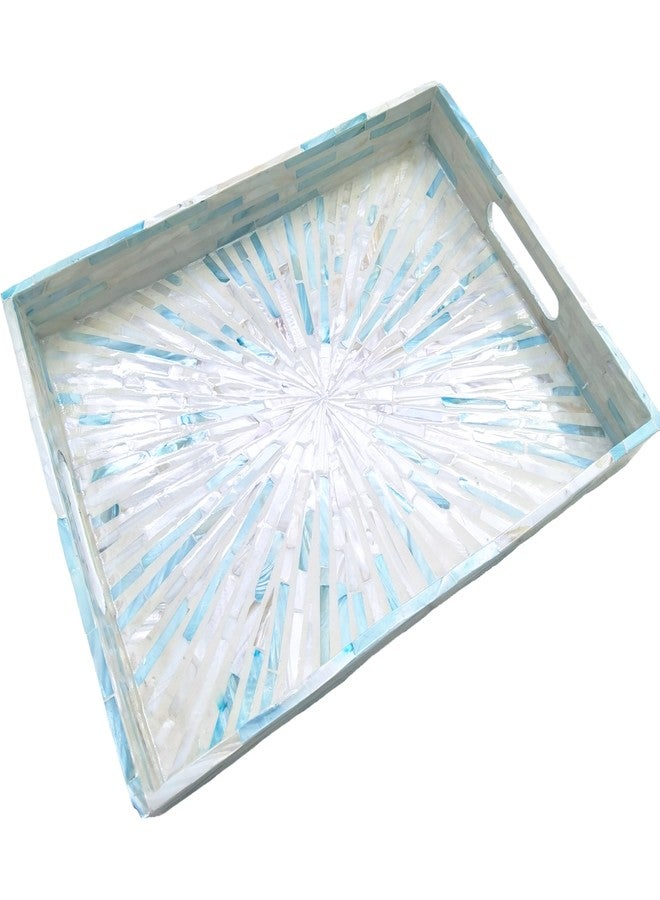 i-lan Blue Mother of Pearl Tray - 16" Rectangular Shell Inlay Serving Tray with Handles - Decorative Ottoman Tray for Coffee Table, Handcrafted Nacre Vanity Organizer - Image 4