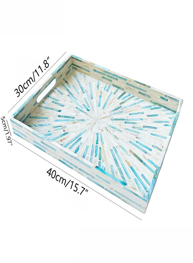 i-lan Blue Mother of Pearl Tray - 16" Rectangular Shell Inlay Serving Tray with Handles - Decorative Ottoman Tray for Coffee Table, Handcrafted Nacre Vanity Organizer - Image 2