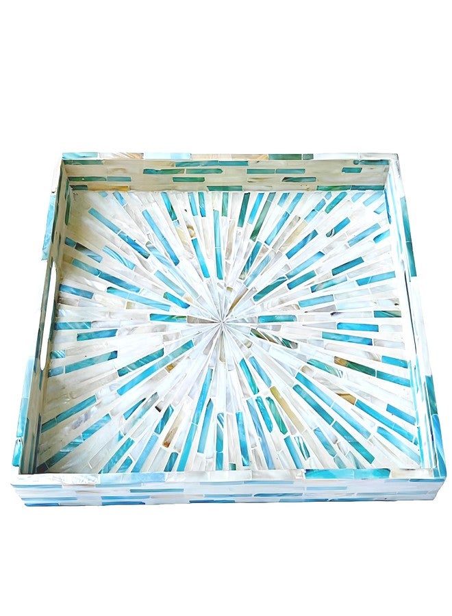 i-lan Blue Mother of Pearl Tray - 16" Rectangular Shell Inlay Serving Tray with Handles - Decorative Ottoman Tray for Coffee Table, Handcrafted Nacre Vanity Organizer - Image 1