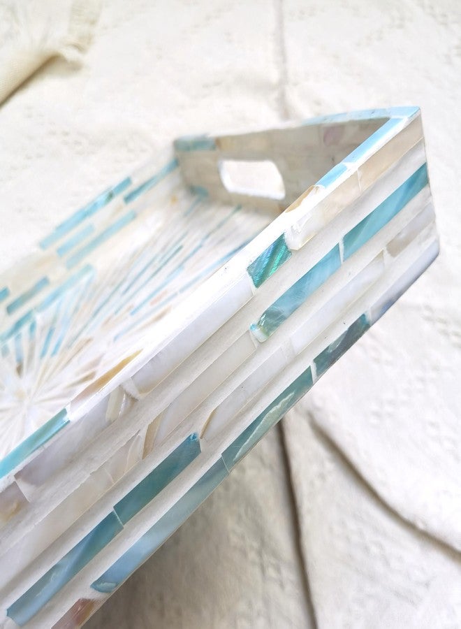 i-lan Blue Mother of Pearl Tray - 16" Rectangular Shell Inlay Serving Tray with Handles - Decorative Ottoman Tray for Coffee Table, Handcrafted Nacre Vanity Organizer - Image 3