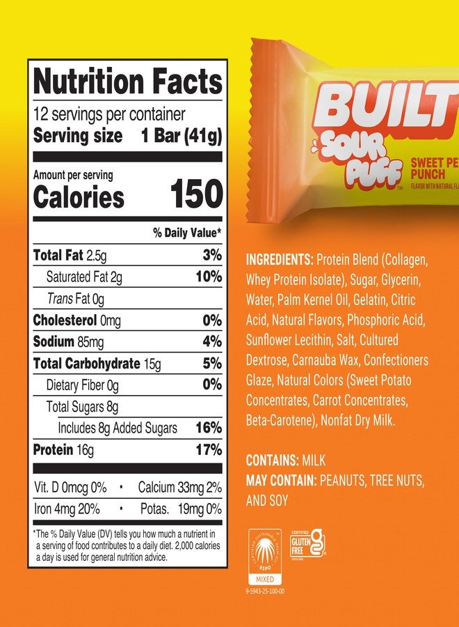BUILT Bar Sour Puff Protein Bars - Sweet Peach Punch - 16g Protein Snack Bars with Collagen - Calorie Conscious & Gluten Free - 12 Count - Image 4