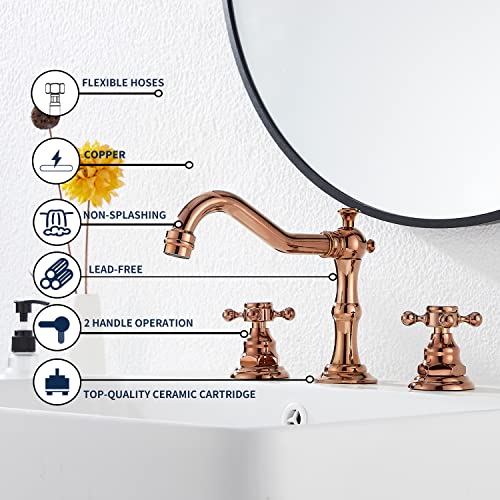 GGStudy 8-16 inch Two Handles 3 Holes Widespread Bathroom Sink Faucet Copper Basin Mixer Tap Faucet Matching Metal Pop Up Drain with Overflow - Image 5