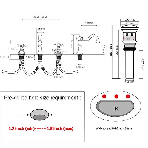 GGStudy 8-16 inch Two Handles 3 Holes Widespread Bathroom Sink Faucet Copper Basin Mixer Tap Faucet Matching Metal Pop Up Drain with Overflow - Image 2