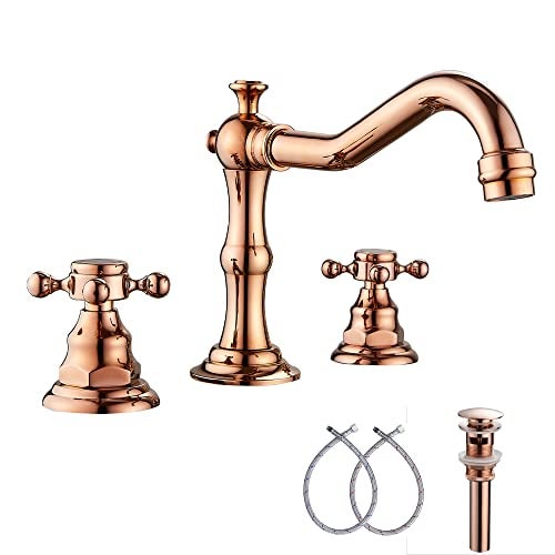GGStudy 8-16 inch Two Handles 3 Holes Widespread Bathroom Sink Faucet Copper Basin Mixer Tap Faucet Matching Metal Pop Up Drain with Overflow - Image 1