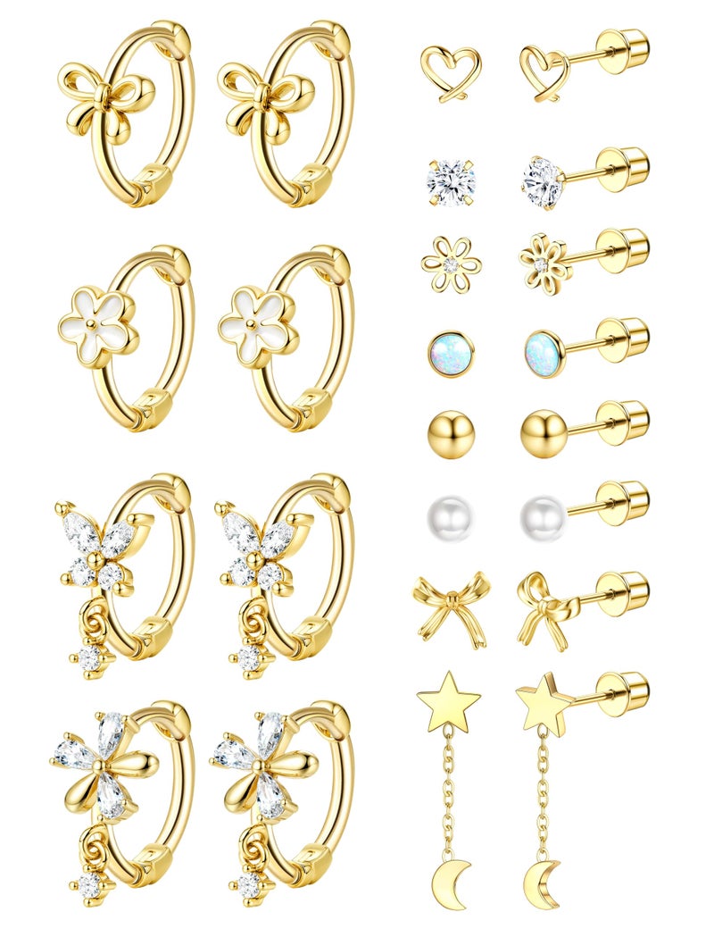 GEMQUEEN Hypoallergenic Surgical Steel Earrings Set for Women Girls Toddler : 14K Gold Plated Earring for Sensitive Ears Kids Cute Earring Stack Huggie Hoops CZ Heart Ball Flat Back Studs over 6 years - Image 1
