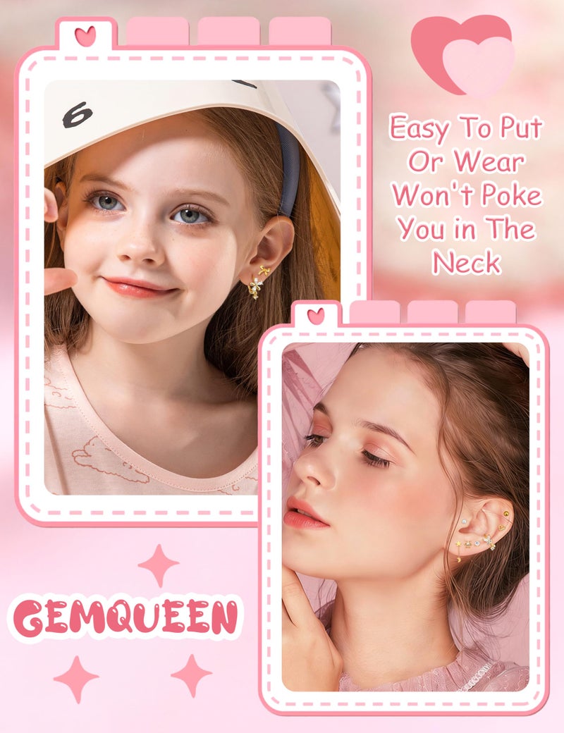 GEMQUEEN Hypoallergenic Surgical Steel Earrings Set for Women Girls Toddler : 14K Gold Plated Earring for Sensitive Ears Kids Cute Earring Stack Huggie Hoops CZ Heart Ball Flat Back Studs over 6 years - Image 4