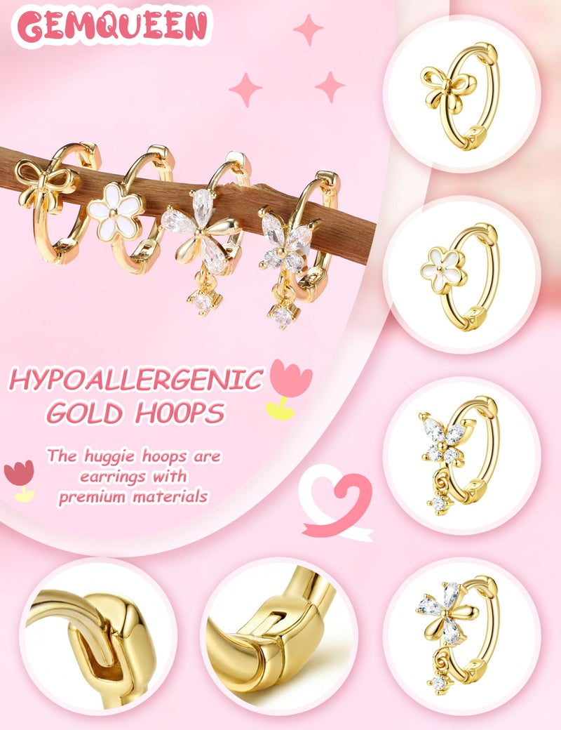 GEMQUEEN Hypoallergenic Surgical Steel Earrings Set for Women Girls Toddler : 14K Gold Plated Earring for Sensitive Ears Kids Cute Earring Stack Huggie Hoops CZ Heart Ball Flat Back Studs over 6 years - Image 5