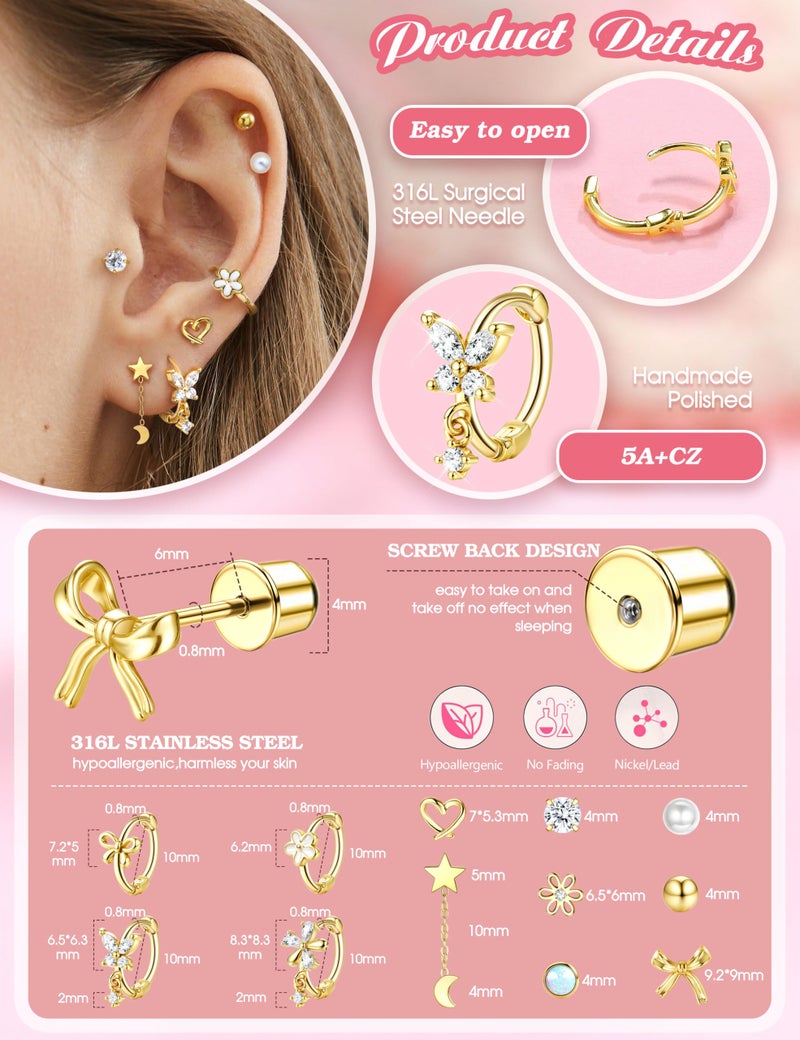 GEMQUEEN Hypoallergenic Surgical Steel Earrings Set for Women Girls Toddler : 14K Gold Plated Earring for Sensitive Ears Kids Cute Earring Stack Huggie Hoops CZ Heart Ball Flat Back Studs over 6 years - Image 2