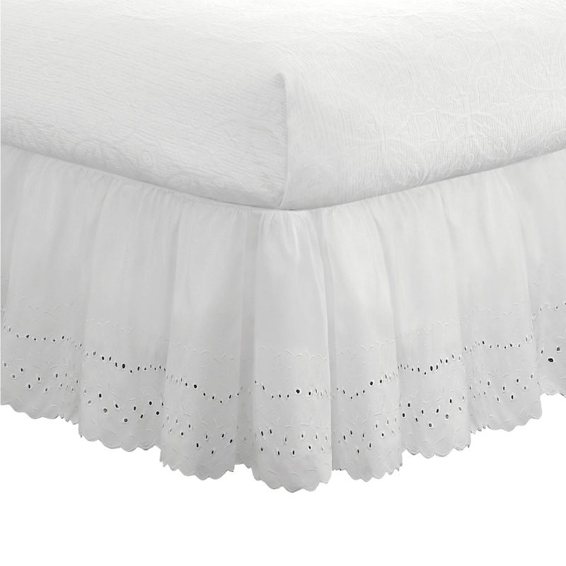 Fresh Ideas Eyelet Bed Skirt, Ruffled Design, 18 Inch Drop, Embroidered Scalloped Edge, Queen, White - Image 1