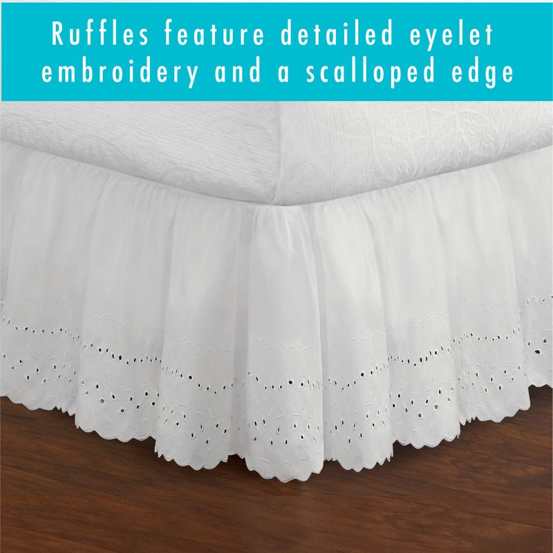 Fresh Ideas Eyelet Bed Skirt, Ruffled Design, 18 Inch Drop, Embroidered Scalloped Edge, Queen, White - Image 4