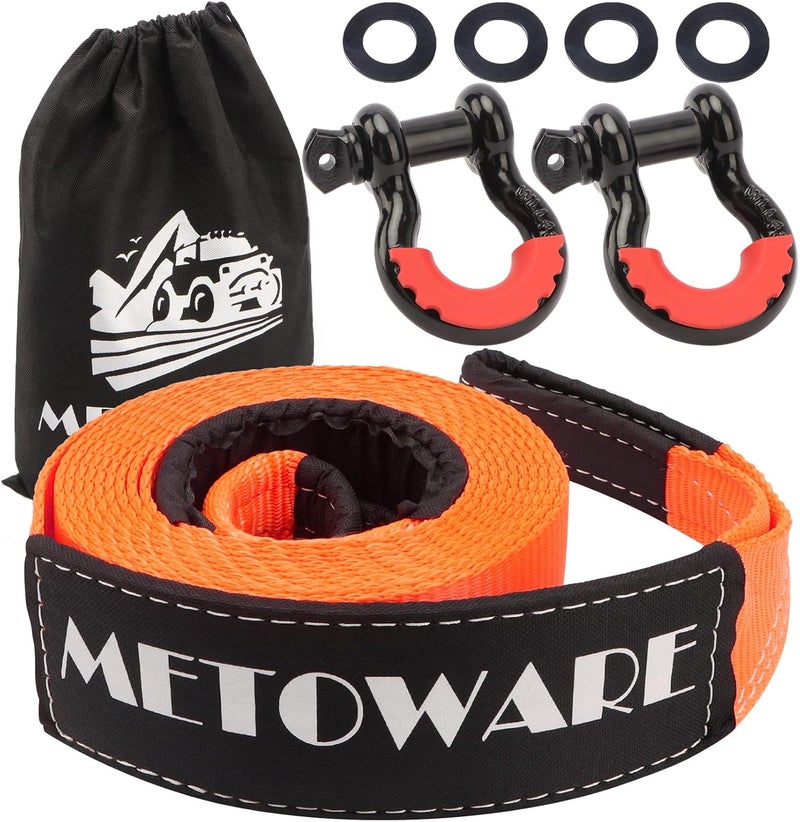 METOWARE طقم سحب ثقيل من - حزام ونش لحماية الأشجار مقاس 3 بوصة × 20 قدمًا (35,000 رطل) + قيود حلقية على شكل D مقاس 3/4 بوصة (قطعتان) + حقيبة تخزين - طقم سحب للطرق الوعرة للشاحنات وسيارات الدفع الرباعي ومركبات ATV - Image 1