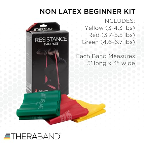 TheraBand مجموعة أحزمة المقاومة THERABAND، مجموعة للمبتدئين، أصفر، أحمر، أخضر، أحزمة مرنة غير مصنوعة من اللاتكس للتمارين والعلاج الطبيعي، أحزمة تدريب القوة للياقة البدنية للجسم العلوي والسفلي - Image 2