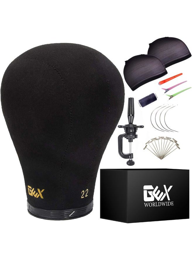 Gexworldwide Gex 21.5" Canvas Block Cork Wig Mannequin Head For Making Drying Styling Display With Table C Stand Clamp Holder&Gex Grip&Pins(Black 21.5") - Image 1