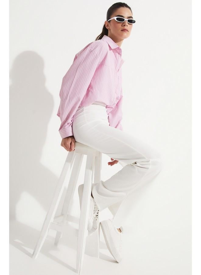 جون بنطلون ضيق مفصل بخطوط يونيو أبيض - Image 2