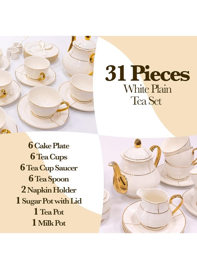 BS B&S 31-Piece Porcelain Tea Set | French Floral Vintage Tea Cup Saucer Set | Ceramic Tea Party Set with Tea Pot | Flower Painting Party Dinner Set | Home Décor Cup and Saucer Set (White) - Image 3