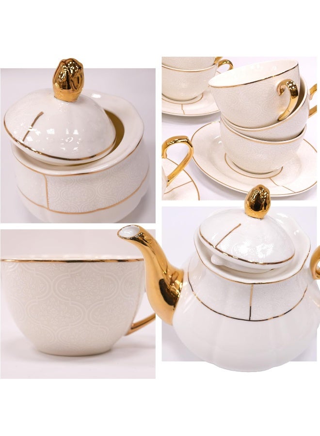 BS B&S 31-Piece Porcelain Tea Set | French Floral Vintage Tea Cup Saucer Set | Ceramic Tea Party Set with Tea Pot | Flower Painting Party Dinner Set | Home Décor Cup and Saucer Set (White) - Image 2