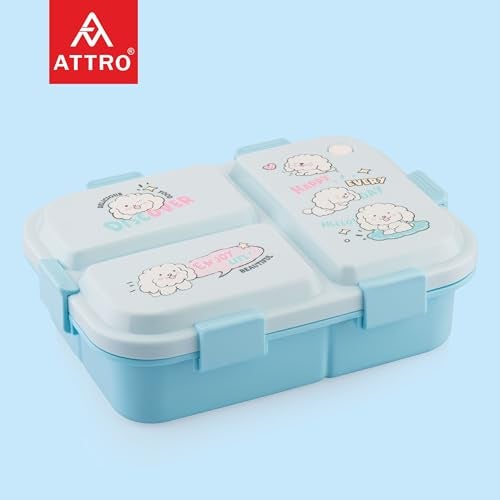ATTRO Joy Kins Plastic Lunch Box – 3 Compartment Bento Tiffin, Leak-Proof & Durable, Plastic Spoon, Ideal for Kids, School, Picnic– 1260ml, Blue - Image 3
