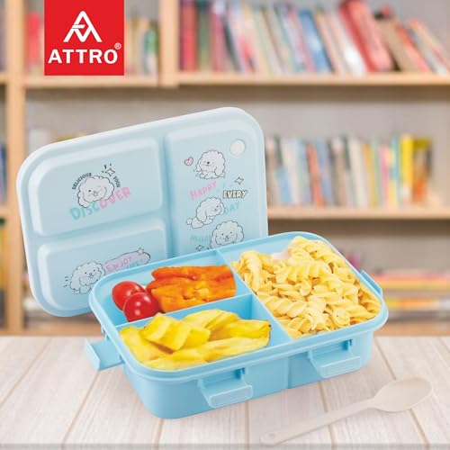 ATTRO Joy Kins Plastic Lunch Box – 3 Compartment Bento Tiffin, Leak-Proof & Durable, Plastic Spoon, Ideal for Kids, School, Picnic– 1260ml, Blue - Image 2