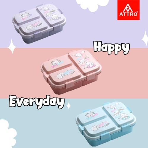 ATTRO Joy Kins Plastic Lunch Box – 3 Compartment Bento Tiffin, Leak-Proof & Durable, Plastic Spoon, Ideal for Kids, School, Picnic– 1260ml, Blue - Image 5