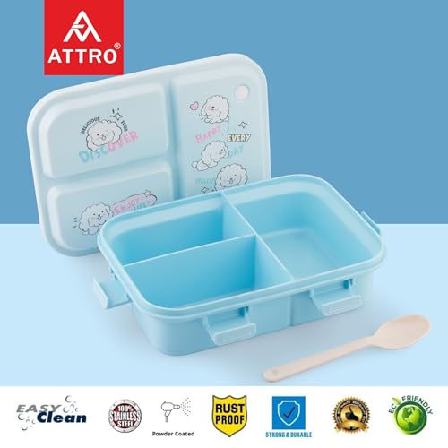 ATTRO Joy Kins Plastic Lunch Box – 3 Compartment Bento Tiffin, Leak-Proof & Durable, Plastic Spoon, Ideal for Kids, School, Picnic– 1260ml, Blue - Image 4