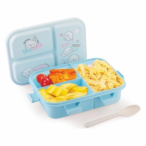 ATTRO Joy Kins Plastic Lunch Box – 3 Compartment Bento Tiffin, Leak-Proof & Durable, Plastic Spoon, Ideal for Kids, School, Picnic– 1260ml, Blue - Image 1