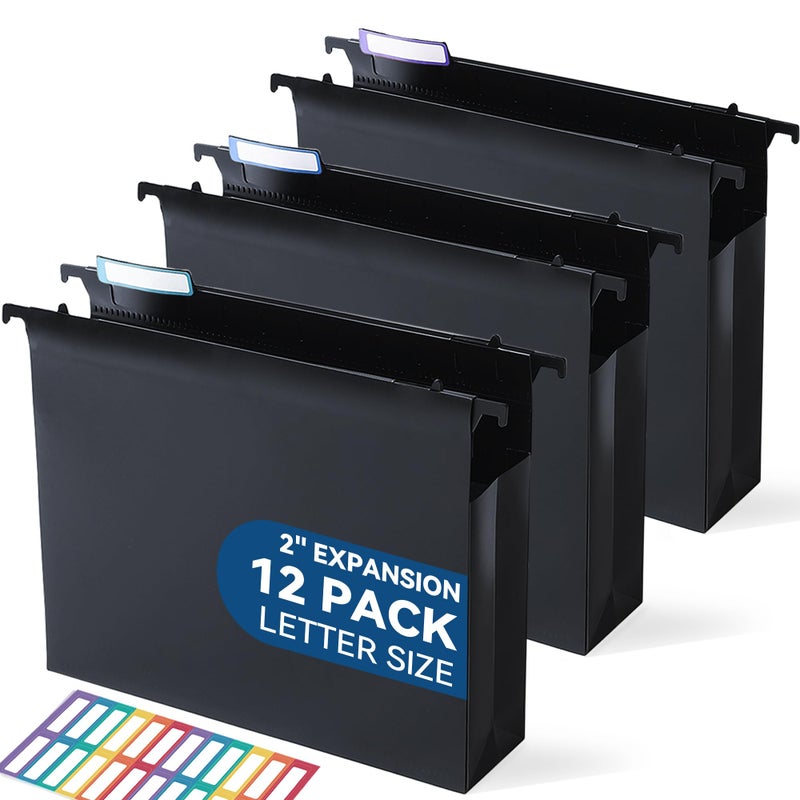 SortRax Plastic Extra Capacity Hanging File Folders, 2" Expanding Pocket, Heavy Duty for Filing Cabinet, Insertable 1/5-Cut Tabs, Letter Size - 12 Pack - Image 1