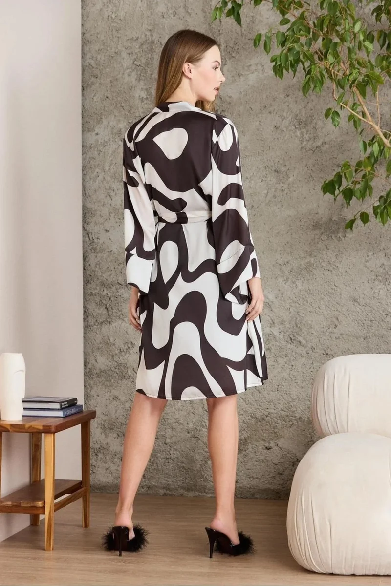 بيير كاردان 2420 Women's Satin Printed Dressing Gown Nightgown Set-Black