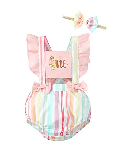Shalofer 1st Birthday Outfit Girl Summer Pink Ice Cream 1st Birthday Outfit Girl(Pink, 12-18 Months) - Image 3