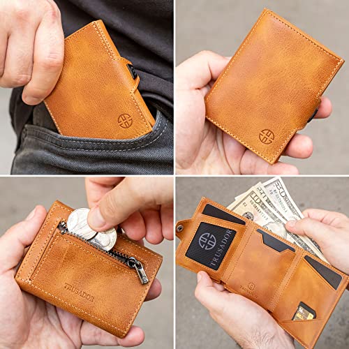 TRUSADOR Verona Leather Wallets for Men & Women Trifold Slim Front Pocket Rfid Wallet (With Coin Pocket, Cognac) - Image 4