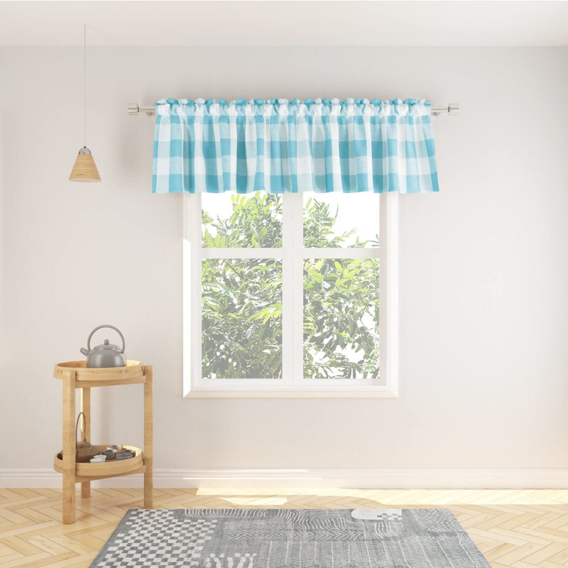 NATUS WEAVER Window Curtain Valances 18 inches Long Living Room Bedroom 1 Panel Buffalo Check Small Valance Curtain Rod Pocket Classic Country Farmhouse  Sky Blue  White